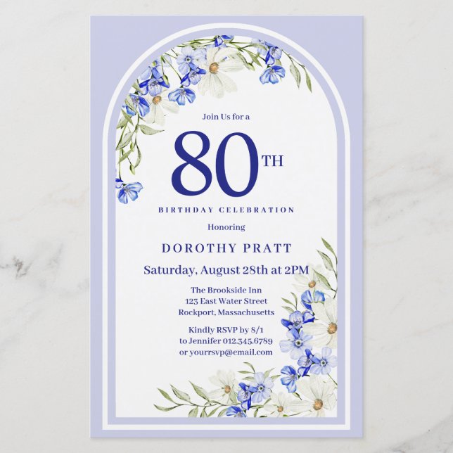 Papier Budget Blanc Bleu Floral 80e anniversaire Invitati (Devant)