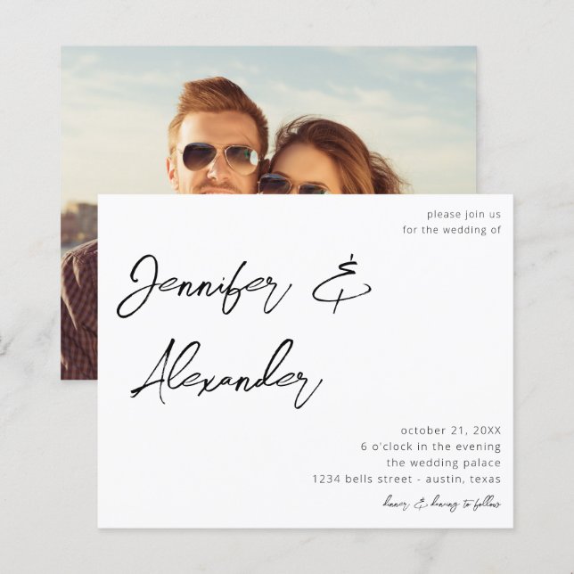 Papier Budget Blanc Calligraphie Photo Mariage V2 (Devant / Derrière)