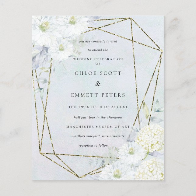 Papier Budget Blanc Floral Bleu Faire-part de mariage (Devant)