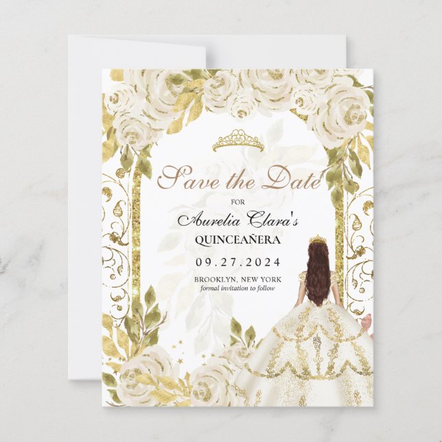 Papier BUDGET Blanc Floral Princesse Or Arc Quinceanera (Devant)
