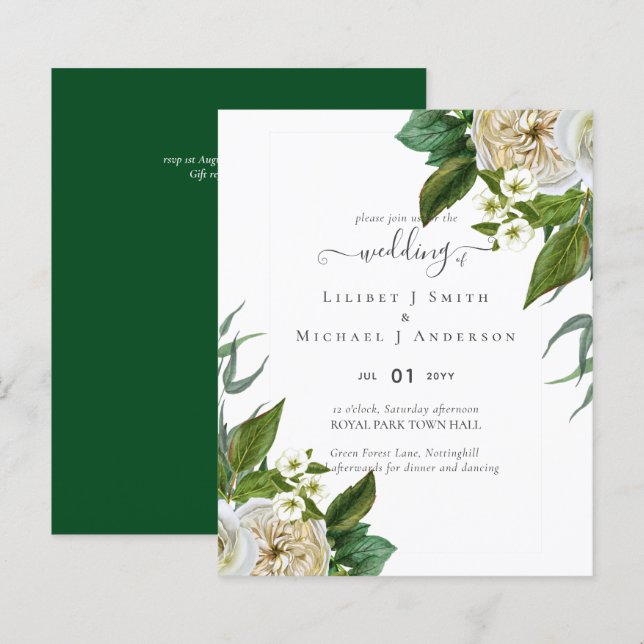Papier BUDGET Blanc Roses Bouquet Mariage Floral (Devant / Derrière)