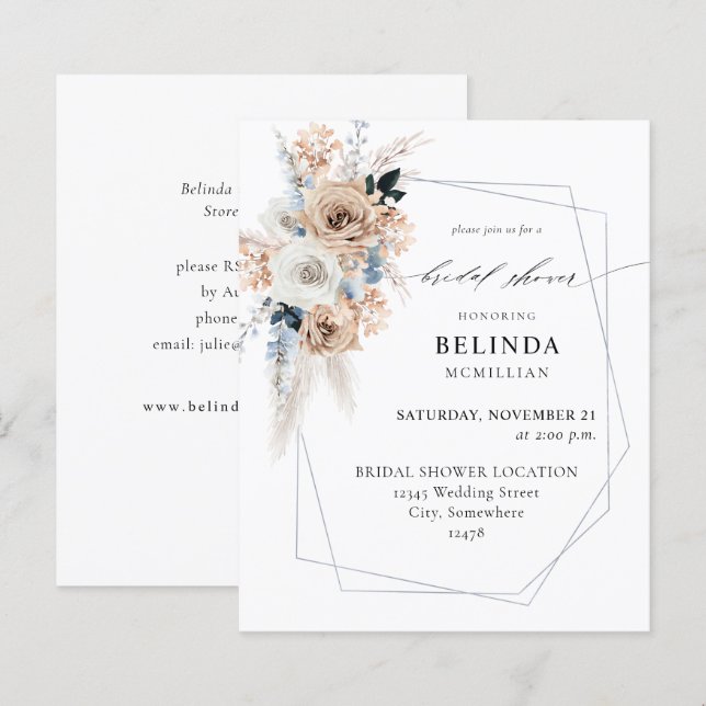 Papier Budget Bleu & Beige Boho Fête des mariées Florale (Devant / Derrière)