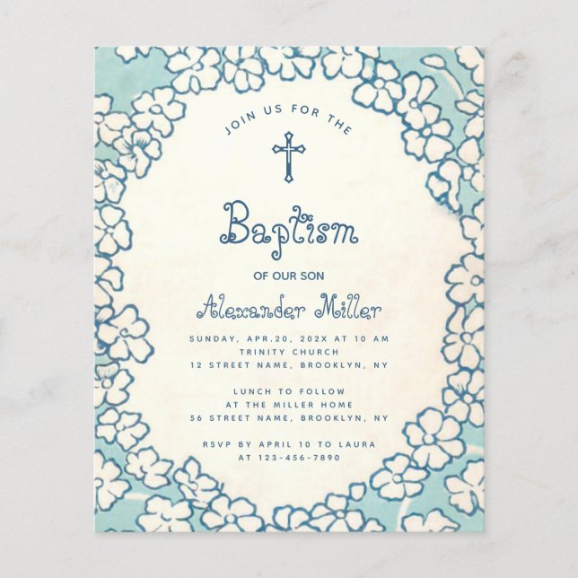 Papier Budget Bleu Blanc Floral Frame Baptême Invitation (Devant)