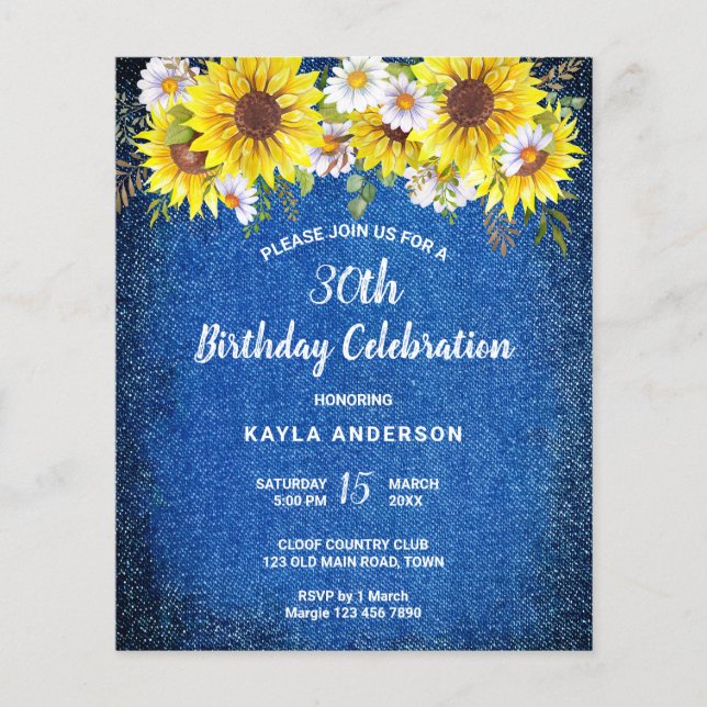 Papier Budget bleu bleu denim invitation tournesol (Devant)