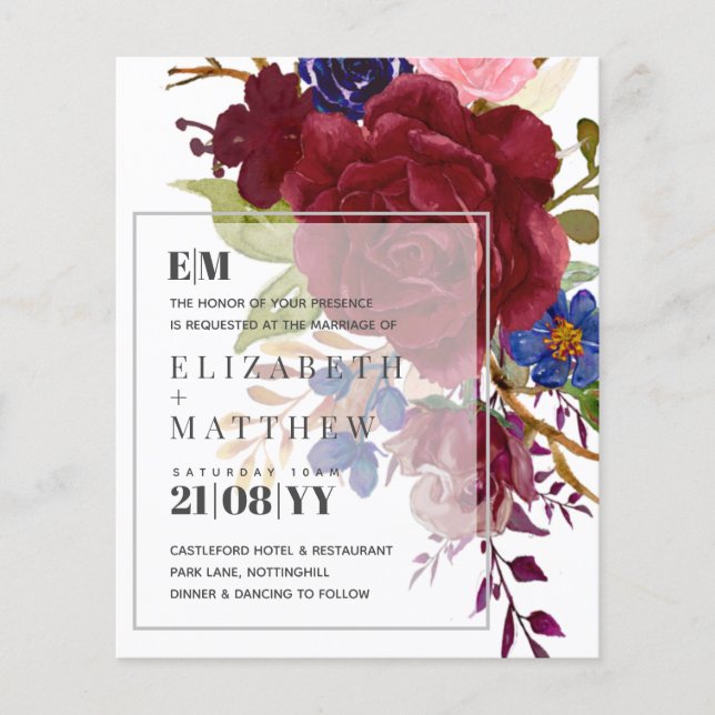 Papier Budget Bleu Bourgogne Rose Floral Invite Mariage F (Devant)