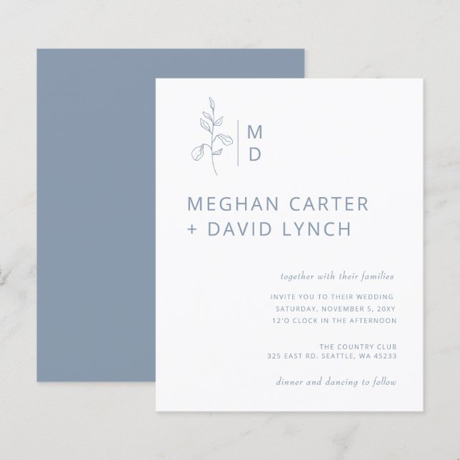 Papier Budget Bleu Faire-part de mariage de monographie b (Devant / Derrière)