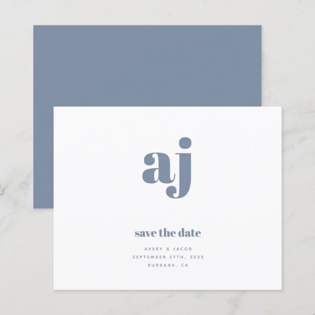 Papier BUDGET Bleu Monogramme Mariage Enregistrer La Date (Devant / Derrière)