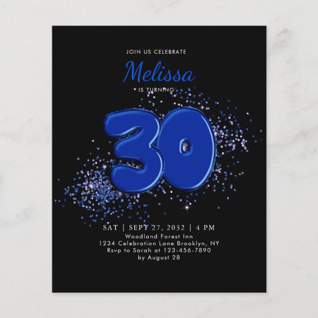 Papier BUDGET Bleu noir 30e Ballons Confetti Anniversaire (Devant)