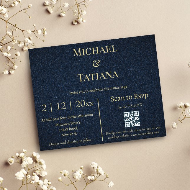 Papier budget bleu or code rsvp qr faire-part de mariage (Créateur téléchargé)