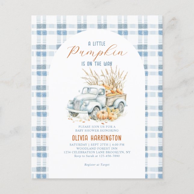 Papier BUDGET Bleu Un petit Citrouille Baby shower de cam (Devant)