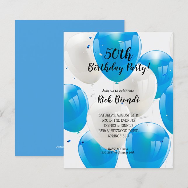 Papier Budget Bleus Ballons Anniversaire Fête Invitations (Devant / Derrière)