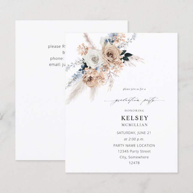 Papier Budget Blue & Beige Boho Floral Party de graduatio (Devant / Derrière)