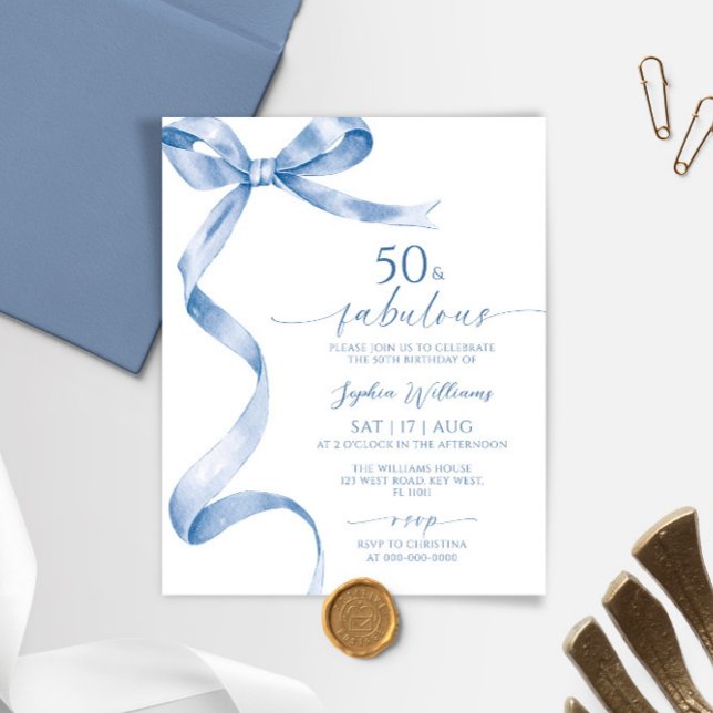 Papier Budget Blue Bow 50 & Fabuleux Anniversaire Invitat (Créateur téléchargé)