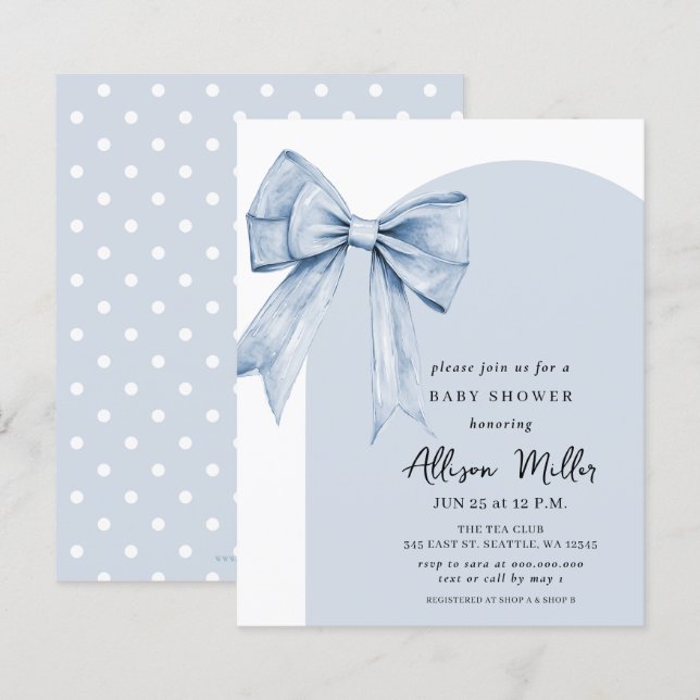 Papier Budget Blue Bow Coquette Boy Baby Shower Invite (Devant / Derrière)