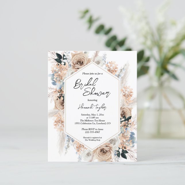 Papier Budget Blue Champagne Floral Fête des mariées Invi (Debout devant)