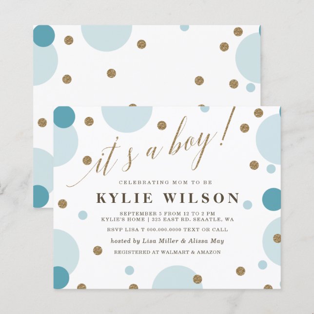 Papier Budget Blue Confetti Boy Baby shower Invitation (Devant / Derrière)