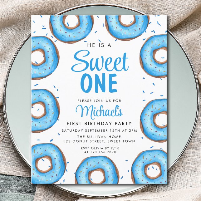 Papier Budget Blue Donut Boy's First Birthday Invitation (Créateur téléchargé)