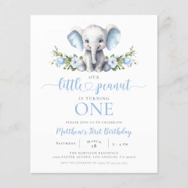 Papier Budget Blue Elephant Boy 1er Anniversaire Invitati (Devant)