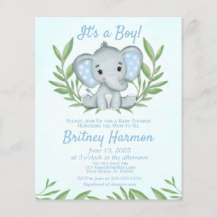 Papier Budget Blue Elephant Boy Baby shower Invitation