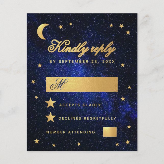 Papier Budget Blue Faux Gold Stars Mariage céleste RSVP (Devant)