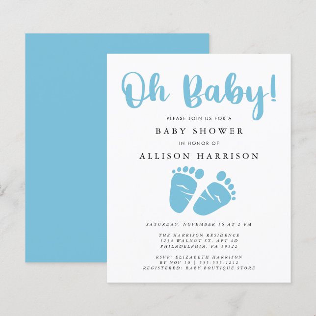 Papier Budget Blue Feet Baby Boy Shower Invitation (Devant / Derrière)