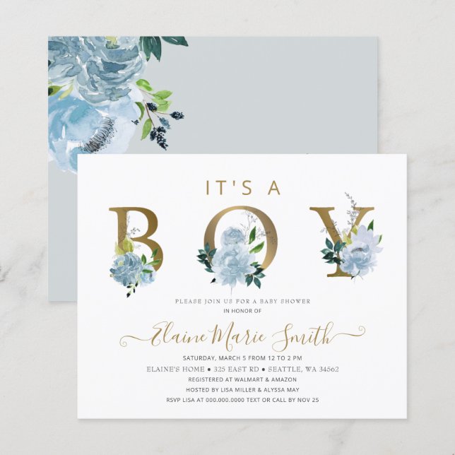 Papier Budget Blue Floral Boy Baby shower Invitation (Devant / Derrière)