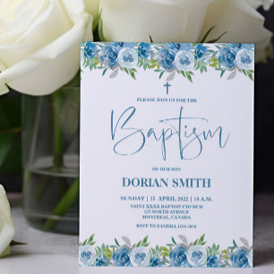 Papier Budget Blue Floral Boy Baptême invitation