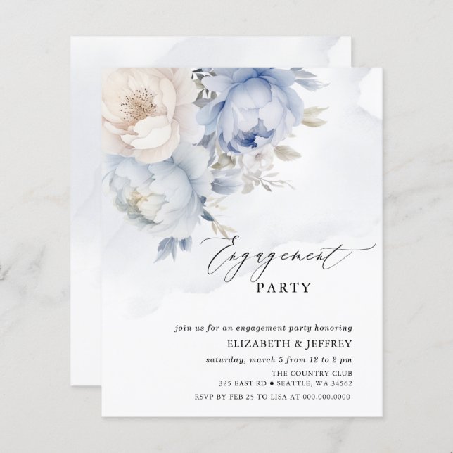 Papier Budget Blue Floral Engagement Party Invitations (Devant / Derrière)