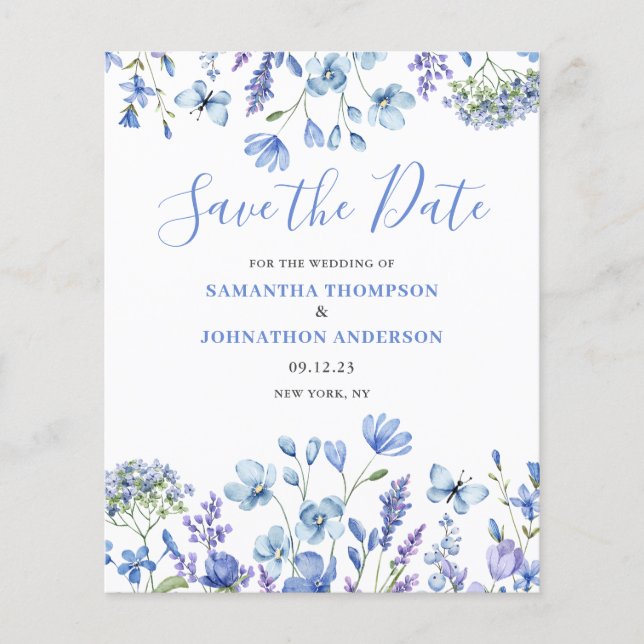 Papier Budget Blue Floral Enregistrer la date (Devant)