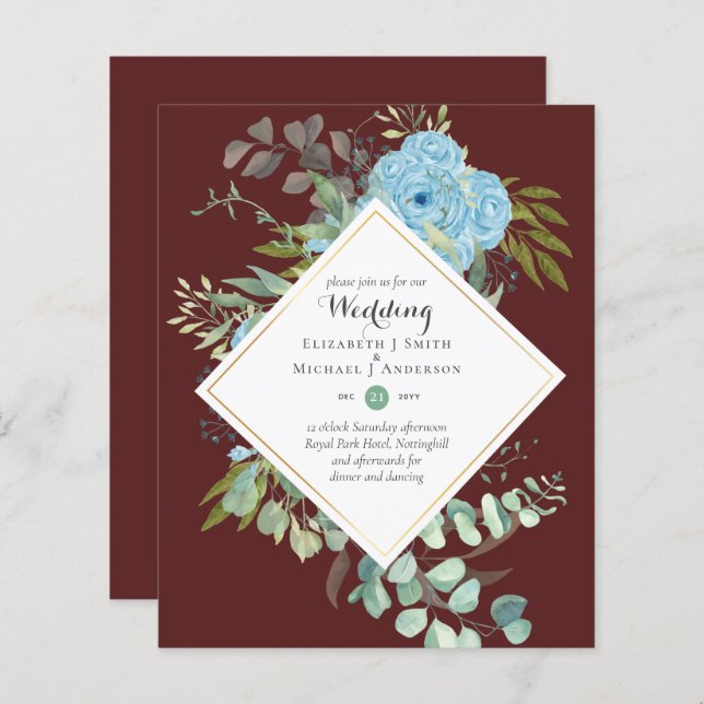 Papier BUDGET Blue Floral Mariage Invitations Eucalyptus (Devant / Derrière)