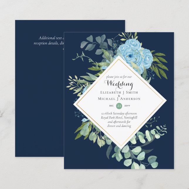 Papier BUDGET Blue Floral Mariage Invitations Eucalyptus (Devant / Derrière)