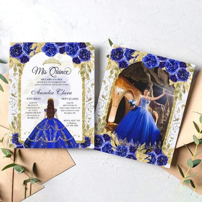 Papier Budget Blue Floral Princess Gold Quinceanera Photo (Créateur téléchargé)