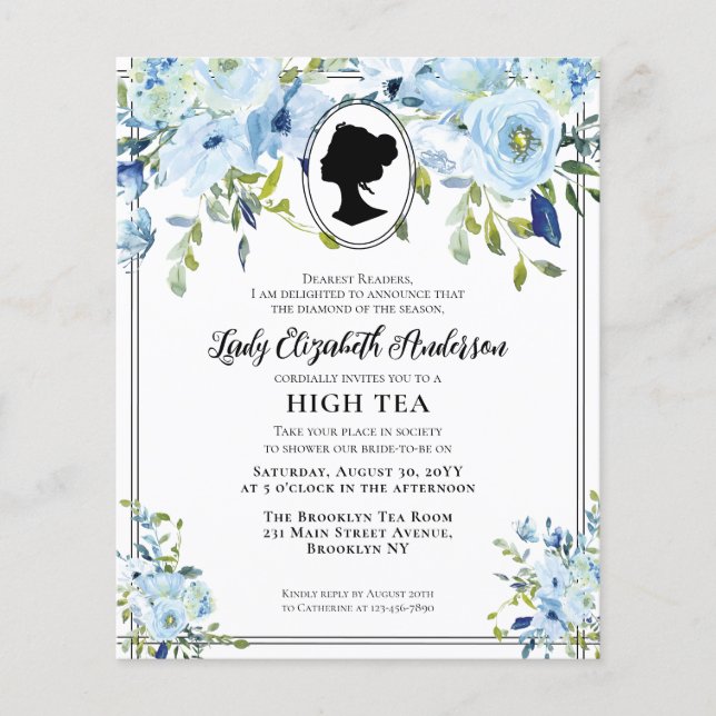 Papier Budget Blue Floral Regency High Tea Fête des marié (Devant)