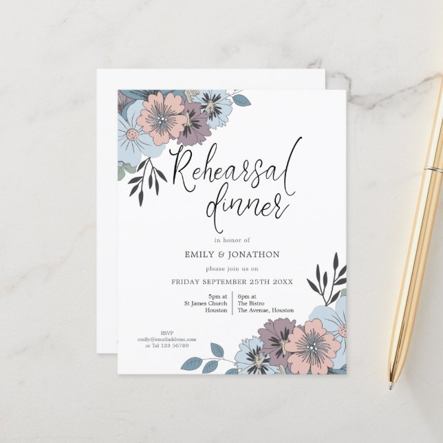 Papier Budget Blue Floral Rehearer Dîner Invitation (Devant/Arrière en situation)