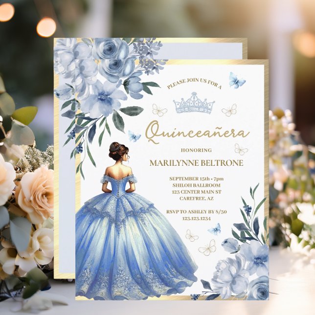 Papier Budget Blue Floral Robe Papillon Quinceañera (Créateur téléchargé)