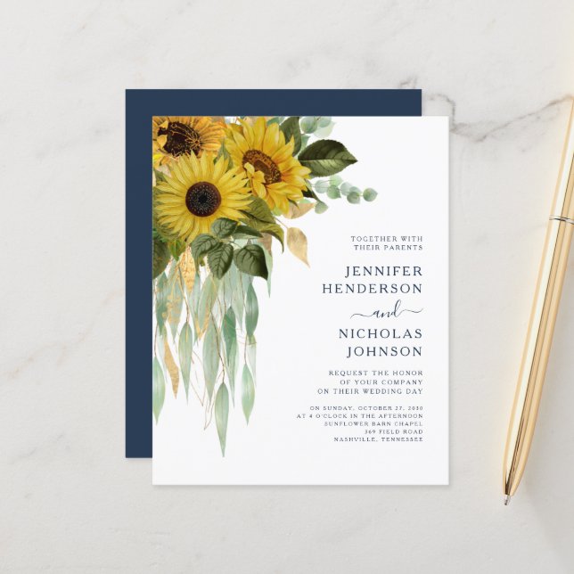 Papier Budget Blue Floral Sunflower Eucalyptus Mariage (Devant/Arrière en situation)
