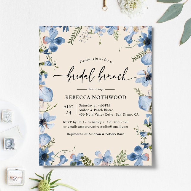 Papier Budget Blue Florals Mariage Brunch Beige Invitatio (Créateur téléchargé)