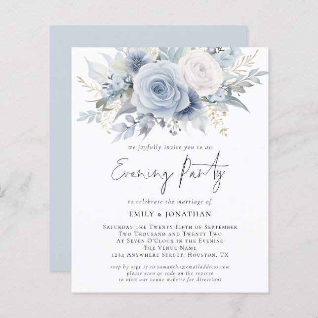 Papier Budget Blue Florals QR Code Mariage Soirée (Devant / Derrière)