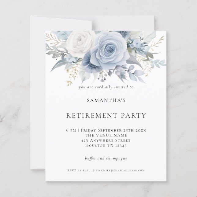 Papier Budget Blue Florals Retraite Party Invitation (Devant)