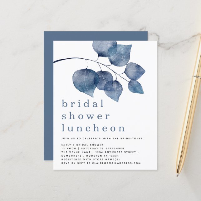 Papier Budget Blue Foliage Fête des mariées Luncheon Invi (Devant/Arrière en situation)