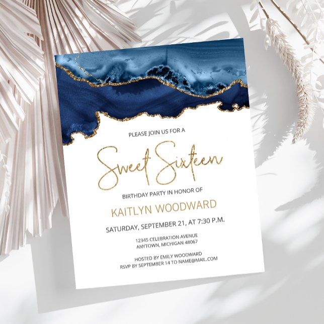 Papier Budget Blue Gold Agate Sweet 16 Invitation (Créateur téléchargé)
