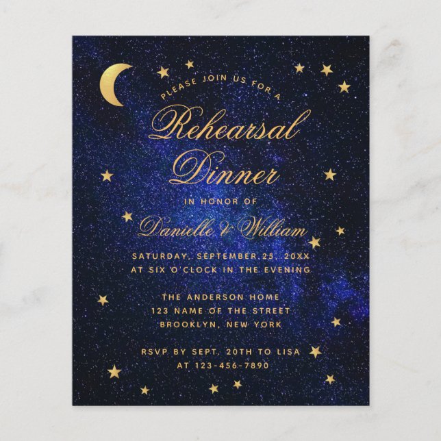 Papier Budget Blue Gold Stars Répétition Dîner Invitation (Devant)