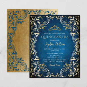Papier Budget Blue Gold Tiara Quinceañera Invitation