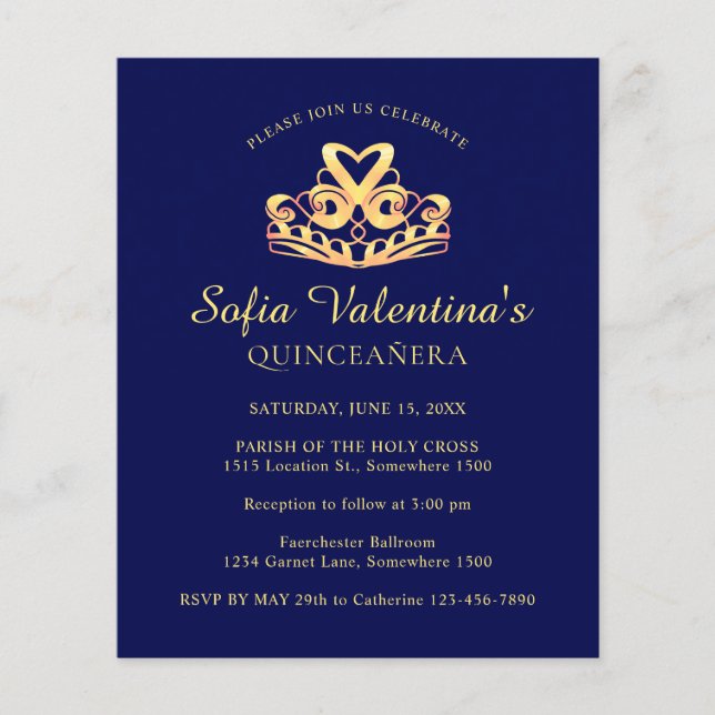 Papier Budget Blue Gold Tiara Quinceanera Invitation (Devant)