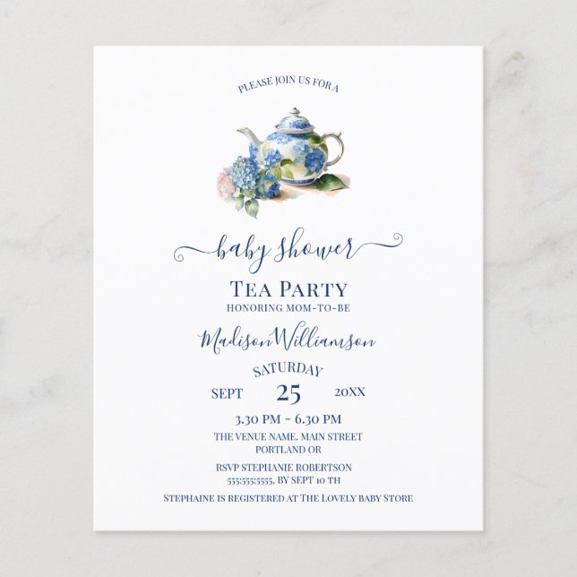 Papier Budget Blue Hydrangea Baby shower Tea Party (Devant)