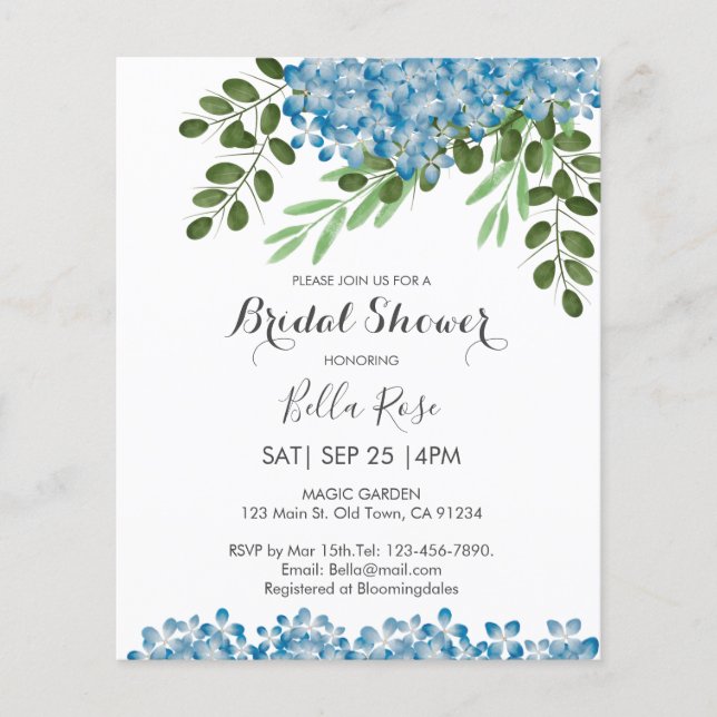Papier Budget Blue Hydrangeas nuptiale douche Invitation (Devant)