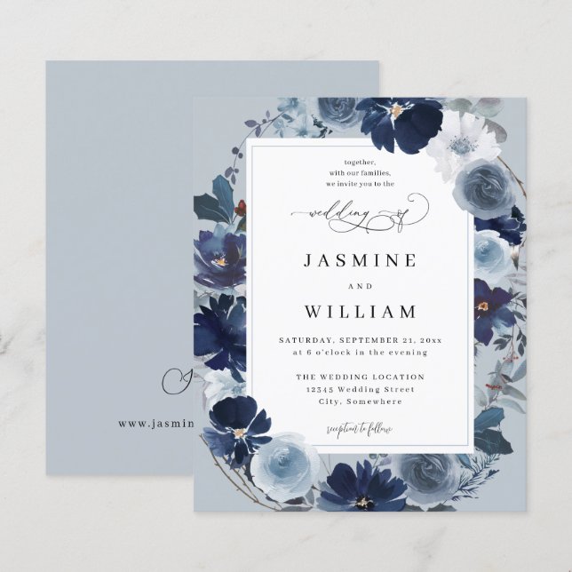 Papier Budget Blue & Navy Floral sur Dusty Blue Mariage (Devant / Derrière)
