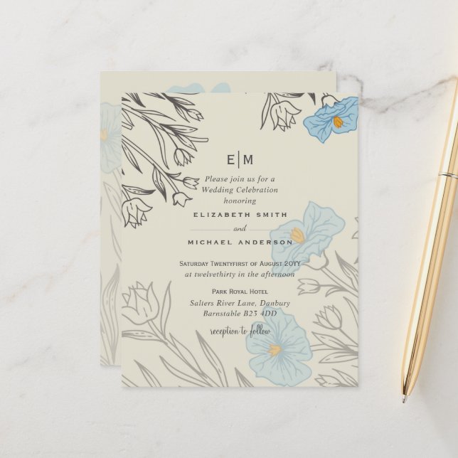 Papier BUDGET Blue Poppy Magnolia Faire-part de mariage (Devant/Arrière en situation)