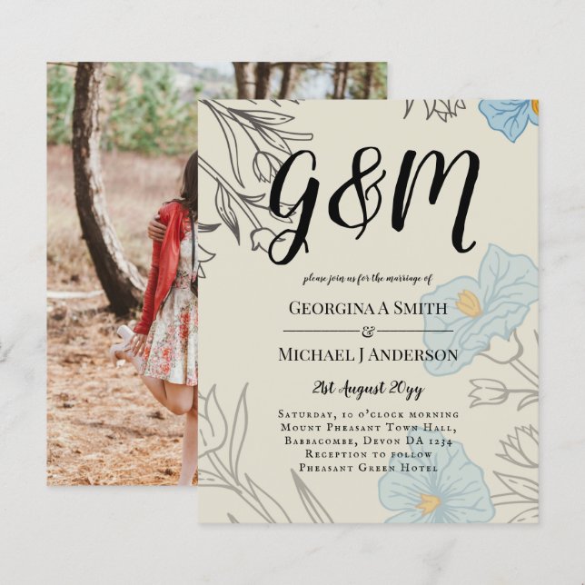 Papier BUDGET Blue Poppy Magnolia Faire-part de mariage (Devant / Derrière)