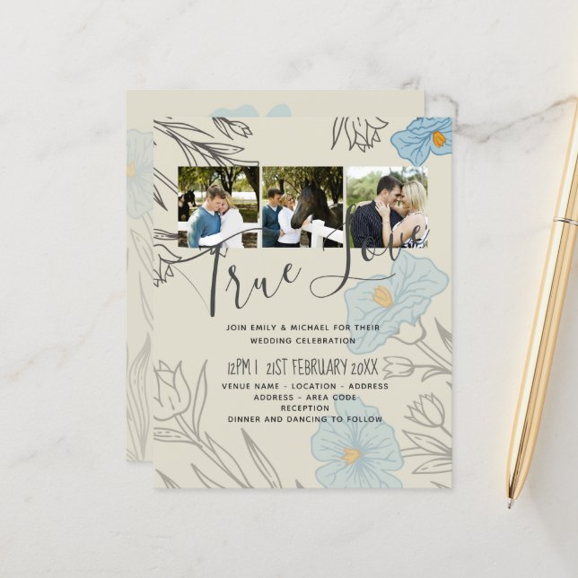 Papier BUDGET Blue Poppy Magnolia Faire-part de mariage (Devant/Arrière en situation)